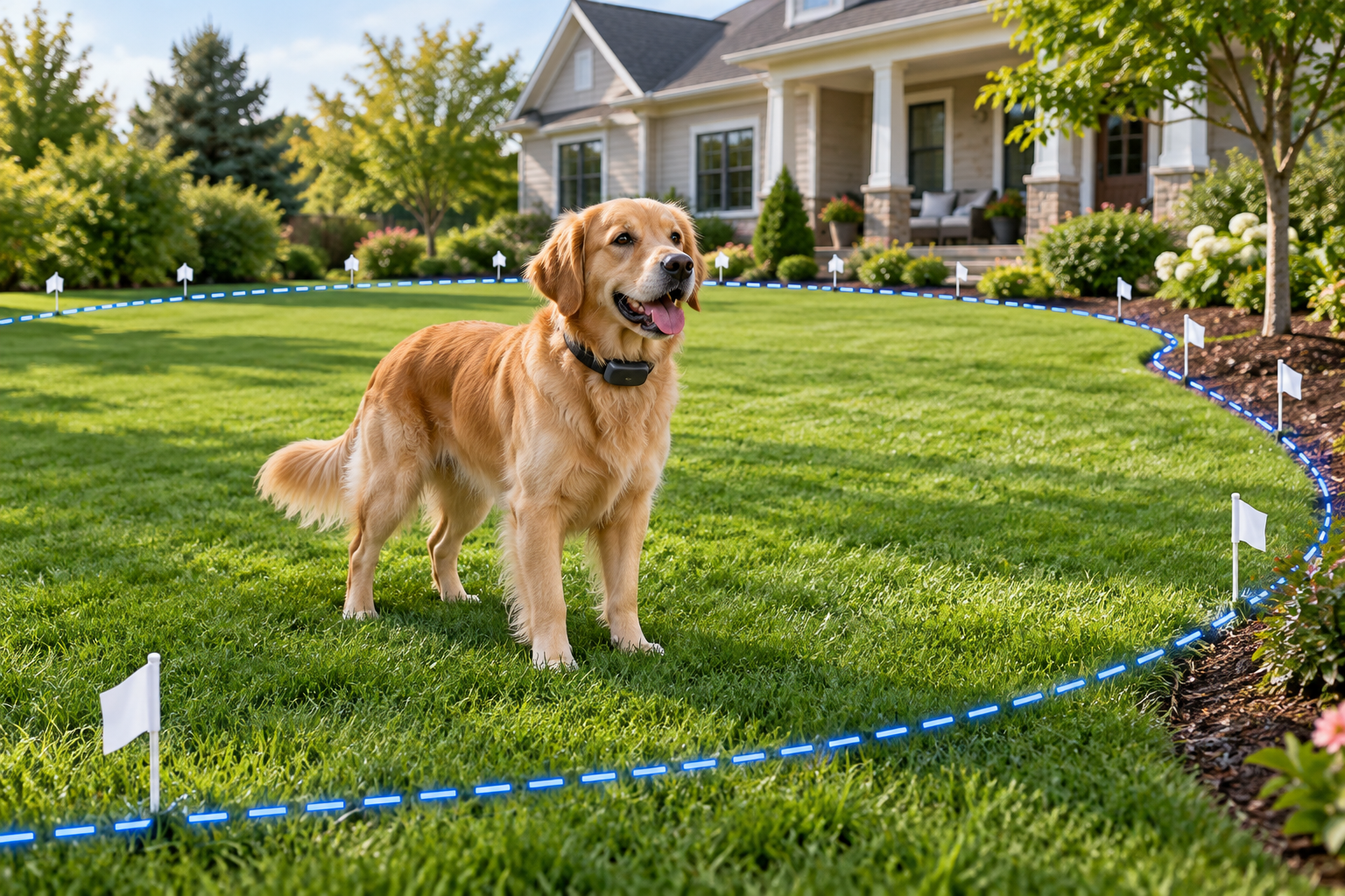 Illustration of a dog wearing a receiver collar inside a marked in-ground fence boundary